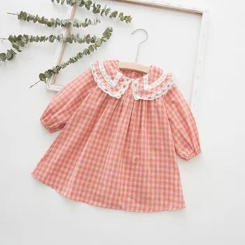 Moda korejskem Slogu Svoboden Kariran Princesa Obleke za Baby Dekleta Peter Pan Ovratnik A-linija Obleke Rojstni dan Jesenski Oblačila