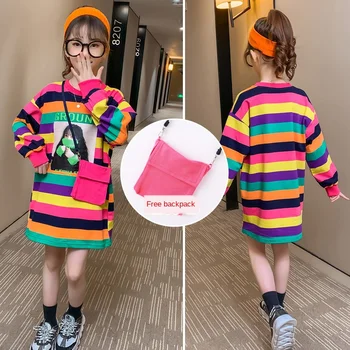 Najstnice Rainbow Barva Obleke 2020 Novo korejska Različica Pomlad Jesen Dolge Trakove Priložnostne T-shirt Obleko 13 14 Leto Obleke