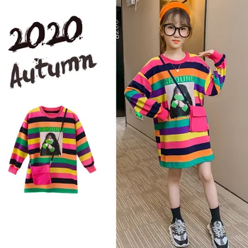 Najstnice Rainbow Barva Obleke 2020 Novo korejska Različica Pomlad Jesen Dolge Trakove Priložnostne T-shirt Obleko 13 14 Leto Obleke