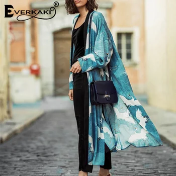 Everkaki Boho Žerjav Tiskanja Dolgo Kimonos Coats Sashe Gypsy Plaža Počitnice Ženske Kimono Plašč Ženski Priložnostne 2021 Pomlad Poletje Nova