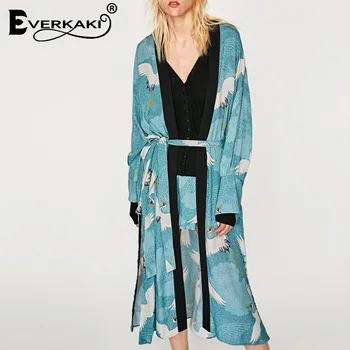 Everkaki Boho Žerjav Tiskanja Dolgo Kimonos Coats Sashe Gypsy Plaža Počitnice Ženske Kimono Plašč Ženski Priložnostne 2021 Pomlad Poletje Nova
