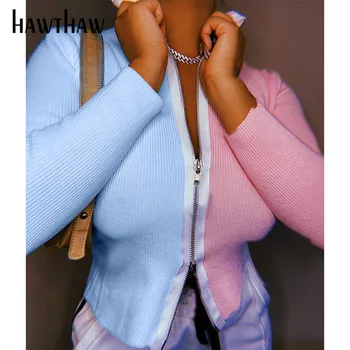 Hawthaw Ženske Modni Zadrgo Jeseni Dolg Rokav Mozaik Barve Blok Plesti Vrhovi Coats Suh Priložnostne Lim 2020 Sodijo Oblačila