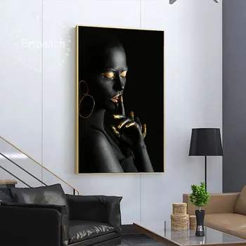 Embelish Black Umetnin Afriške Gola Ženska Z Zlatim Barve Doma Dekor Cuadros Steno Plakati HD Platno Dnevna Soba Slike