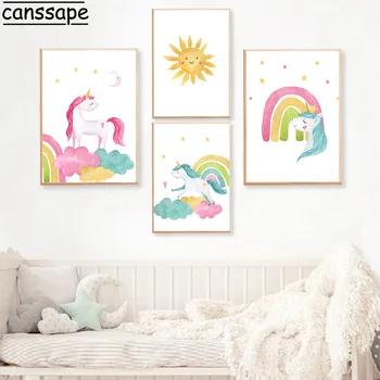 Roza Rainbow Unicorn Platno Plakat Deževen Oblak Vrtec Wall Art Plakati Sunshine Tiskanja Slike Nordijska Otroci Soba Dekor Sliko