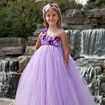 Luštna Dekleta Vijoličen Cvet Tutu Obleko Otroci Enotni Traku Til Obleko Žogo Obleke z Hairbow Otrok svate Kostum, Obleke