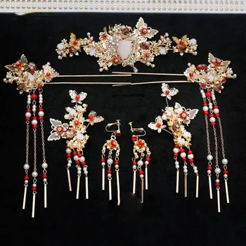 Nova moda Kitajski slog lasnice glavniki uhani okraski Phoenix krono neveste pokrivala poročni dodatki za lase