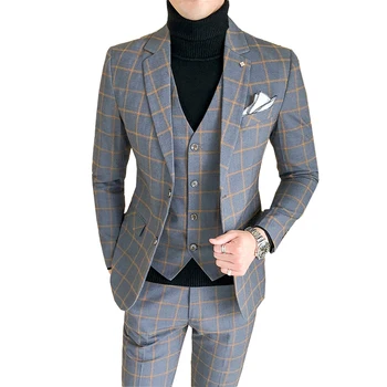 2020 priložnostne kariran bo ustrezala moški modni siva modra vino-rdeče dela poslovne Slim Fit moški obleke kostum homme 3 kos blazerji hlače telovnik