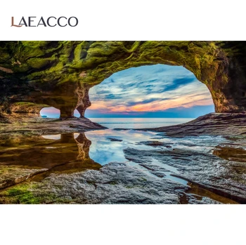 Laeacco Poletje Tropskih Planinska Jama Morje, Sončni Zahod Naravnih Panoramska Fotografija Ozadje Foto Ozadje Photocall Foto Studio