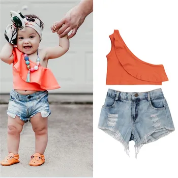 2pcs Newborn Baby Toddler Dekle, Poletna Oblačila, ki brez Rokavov Ruffle Oranžna Vrhovi+Zdrobljen Luknjo Traper hlače, Obleke Nastavite Moda