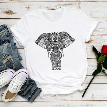 Umetniško mandala slon srčkan majica s kratkimi rokavi ženske poletje nova bela priložnostne kul tshirt femme letnik ulične t-shirt