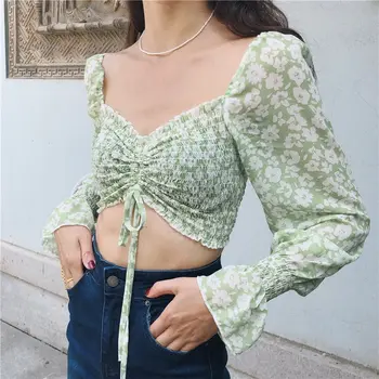 ROPALIA Ženske Cvjetnim Tiskanja Bluze Seksi Long Sleeve Majica Kvadratnih Ovratnik Poletje Moda 2020 Slim Bluzo Vrhovi