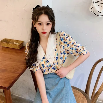 Bluzo ženske poletje korejski Cvetlični Bluze vrhovi River Kratek Rokav, Vezenih Majica blusas mujer de moda 2020