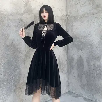 Črna Gothic Obleka Ženske Jeseni, Pozimi Vintage Retro Čipke Mini Obleka Ženska Hepburn High Street Party Night Obleko Ženske 2020 Nova