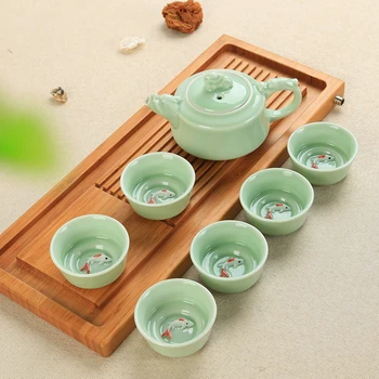 Kitajski Čaj Nastavite Porcelana Celadon Ribe Teacup Nastavite Čajnik Drinkware Oolong Čaj Kung Fu Čaj, Set Keramičnih Tureen (Ne vključuje Pladenj)