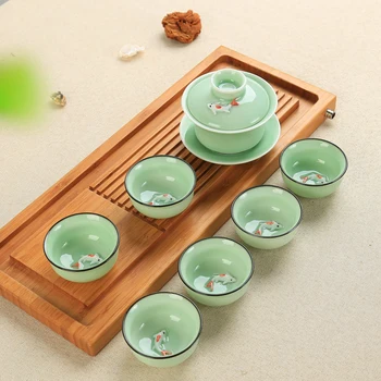 Kitajski Čaj Nastavite Porcelana Celadon Ribe Teacup Nastavite Čajnik Drinkware Oolong Čaj Kung Fu Čaj, Set Keramičnih Tureen (Ne vključuje Pladenj)