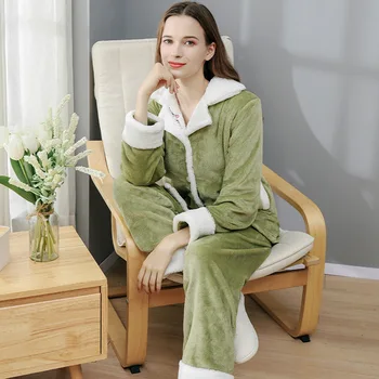 Pozimi Pižamo Nastavite Ženske Sleepwear Toplo Flanela Dolge Rokave Pižamo Zelena Srčkan Korejski Homewear Debele Doma Obleko