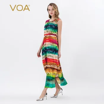 VOA Svile Multi-Barvni Cvetlični Natisnjeni Obleko okoli Vratu brez Rokavov Eleganten Pas, Objemala Slim Saten Svila Plaža Obleko Ženske A0207