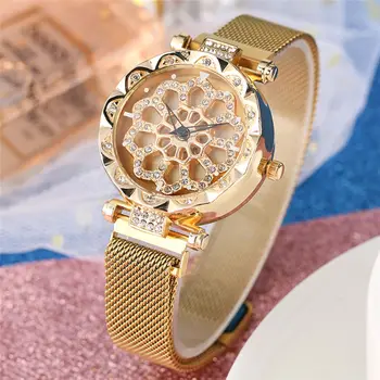 Luksuzni Dame Watch Diamant encrusted Revolvable Izbiranje Zlato Jekla Očesa Quartz Ženske Ure Magnet Sponke Top blagovne Znamke Ura relojes