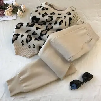 Ženske Pletene Leopard Puloverju Puloverji+Hlače Določa Ženska Moda Skokih Hlače 2 KOSA Obleko Kostume