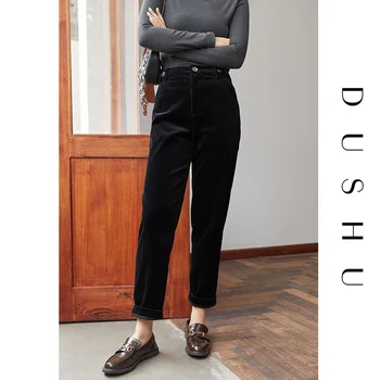 DUSHU Plus velikost velvet črne hlače capri Ženske priložnostne ulične suh svinčnik hlače Jeseni, pozimi elegantno visoko pasu hlače