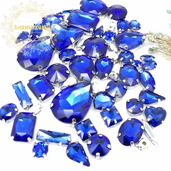 58pcs 10shapes 25sizes Mix Sapphire blue oblike in velikosti Steklo, Kristal okrasnih srebrno dnu DIY pribor za Oblačila