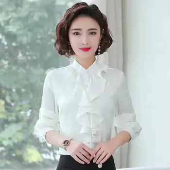 Padec nov stil stand-up ovratnik ogrlicom rokavi ženske dolgo sleeved šifon majica belih ovratnikov ženske temperament majica