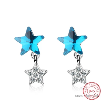 Pravi 925 Sterling Silver Blue Crystal Dvojna Zvezda Stud Uhani za Ženske Modni Silver Star Brincos oorbellen