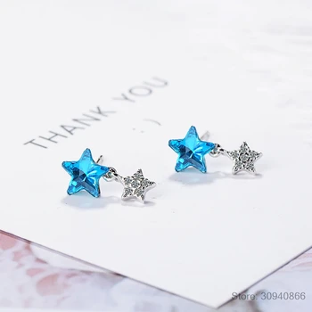 Pravi 925 Sterling Silver Blue Crystal Dvojna Zvezda Stud Uhani za Ženske Modni Silver Star Brincos oorbellen