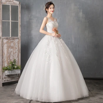 Poročna Obleka 2021 Proti-vrat Tla-dolžina Čipke Žogo Obleke Princess Luksuzni Čipke Bling Bling Poročne Obleke Plus Velikost