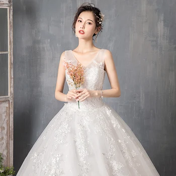Poročna Obleka 2021 Proti-vrat Tla-dolžina Čipke Žogo Obleke Princess Luksuzni Čipke Bling Bling Poročne Obleke Plus Velikost