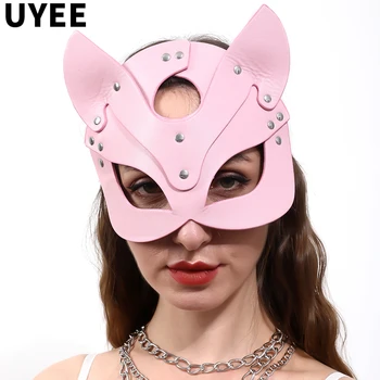 UYEE Nove Seksi PU Usnje Roza Oči Fetiš Erotično Mačje Uho Halloween Rave Karneval Klub Catwoman Maškarada Stranka, Cosplay Maske