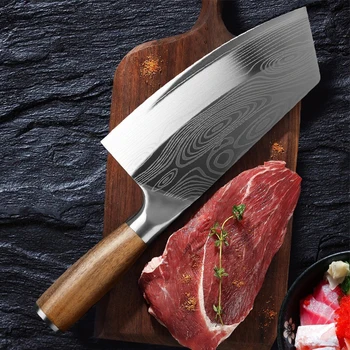 7.5 Palčni Kuhinjski Nož Damask Laser Vzorec Kitajski Kuhar Nož Iz Nerjavečega Jekla, Mesar Nož Leseni Ročaj Mesa Cleaver
