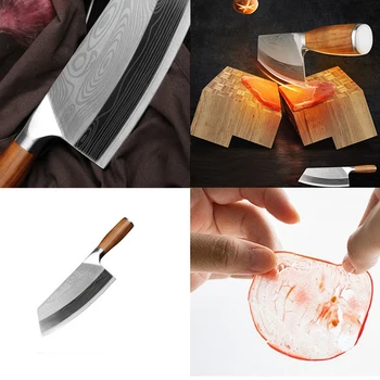 7.5 Palčni Kuhinjski Nož Damask Laser Vzorec Kitajski Kuhar Nož Iz Nerjavečega Jekla, Mesar Nož Leseni Ročaj Mesa Cleaver