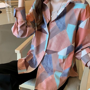 Jeseni Bluzo Ženske 2021 Dame Vrhovi Dolg Rokav Tiskanje Gumb Geometrijske Proti-Vrat Chiffo Bluzo Plus Velikost Vrhovi Korejski 7070 50