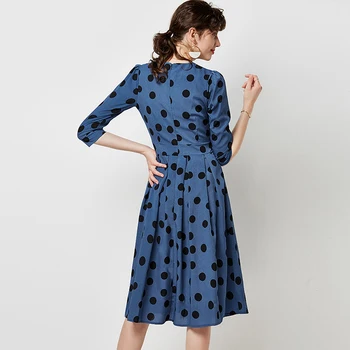 HiloRill Polka Dot Priložnostne Obleke Za Ženske Do Leta 2020 Tričetrt Rokav Vintage Črto Obleko Dame O Vratu Naguban Midi Obleko