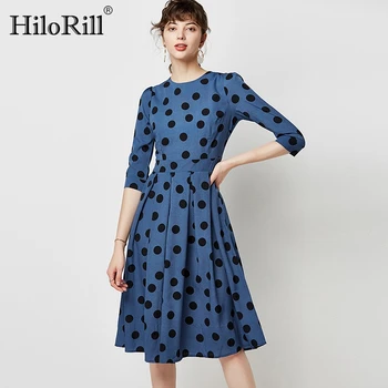 HiloRill Polka Dot Priložnostne Obleke Za Ženske Do Leta 2020 Tričetrt Rokav Vintage Črto Obleko Dame O Vratu Naguban Midi Obleko