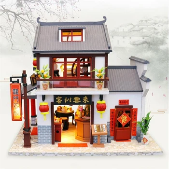 Kitajski stil hiše dragon gate Inn DIY lesene miniaturni lutka hiša komplet kreativnih stavbo skupščine model komplet Božičnih daril