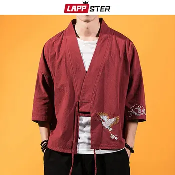 LAPPSTER Moških Žerjav Vezenje Kimono Srajce 2020 Mens Ulične Kitajski Styel Srajce Moške Črne Oblikovalec Modnih Jopico 5XL