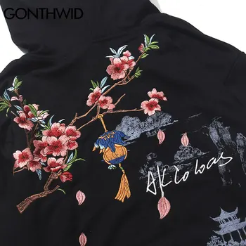 GONTHWID Harajuku Kitajski Slog Vezenje Cvetje Krajine Tiskanja Jopice s Kapuco Ulične Hip Hop Priložnostne Znoj Majice