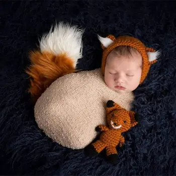 Moda Newborn Baby Klobuk Fantje Dekleta Fotografija Prop Foto Kvačkanje, Pletene Kopalke Fox Igrača+Klobuk Set