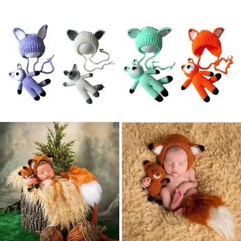 Moda Newborn Baby Klobuk Fantje Dekleta Fotografija Prop Foto Kvačkanje, Pletene Kopalke Fox Igrača+Klobuk Set