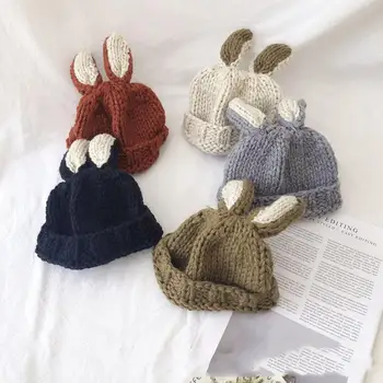 Otroci pleteno kapo pozimi klobuk otrok vaflji beanies zajec ušesa srčkan baby kapo za zimo baby dekle klobuk z bowknot ročno klobuk
