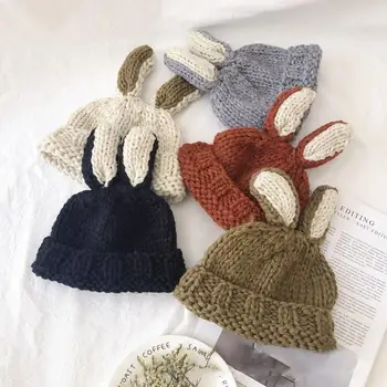 Otroci pleteno kapo pozimi klobuk otrok vaflji beanies zajec ušesa srčkan baby kapo za zimo baby dekle klobuk z bowknot ročno klobuk