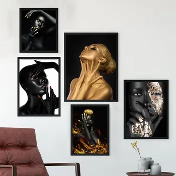 BANMU Vroče Prodajajo Moderno Slika Body Art Platno Plakat Črno Zlato Očarljivo Damo Stenske Slike Golih Afriki Lady Fotografij Doma Dekor