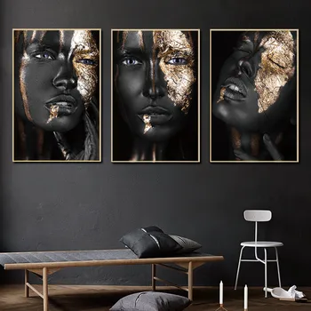 BANMU Vroče Prodajajo Moderno Slika Body Art Platno Plakat Črno Zlato Očarljivo Damo Stenske Slike Golih Afriki Lady Fotografij Doma Dekor