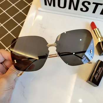 ženska sončna očala Prevelik Rimless rjava ženska očala Znamke Gradient Objektiv Modna sončna Očala Ženske modi oculos 2019