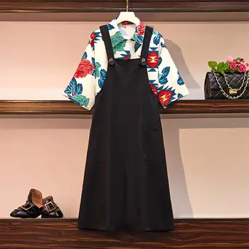 S-4XL 2 delni set žensk v korejskem slogu poletne obleke cvetlični majica + črn brezrokavnik obleka vrhovi in krilo nastavite plus velikost set oblačila