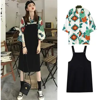 S-4XL 2 delni set žensk v korejskem slogu poletne obleke cvetlični majica + črn brezrokavnik obleka vrhovi in krilo nastavite plus velikost set oblačila